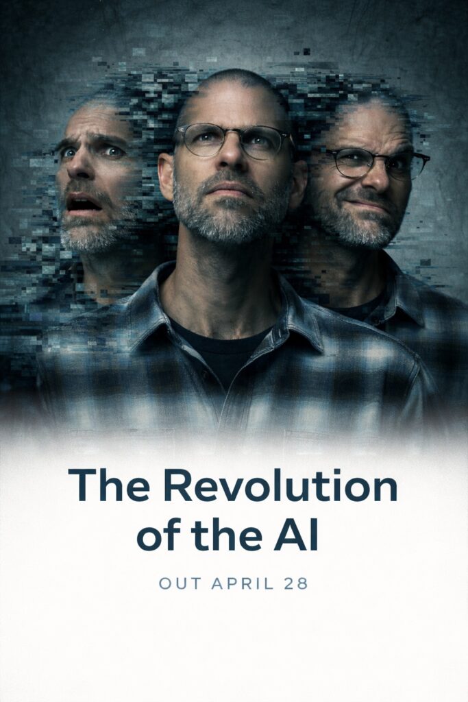 Close-up portrait of a man’s face in blue light, used as the cover artwork for the single “The Revolution of the AI”