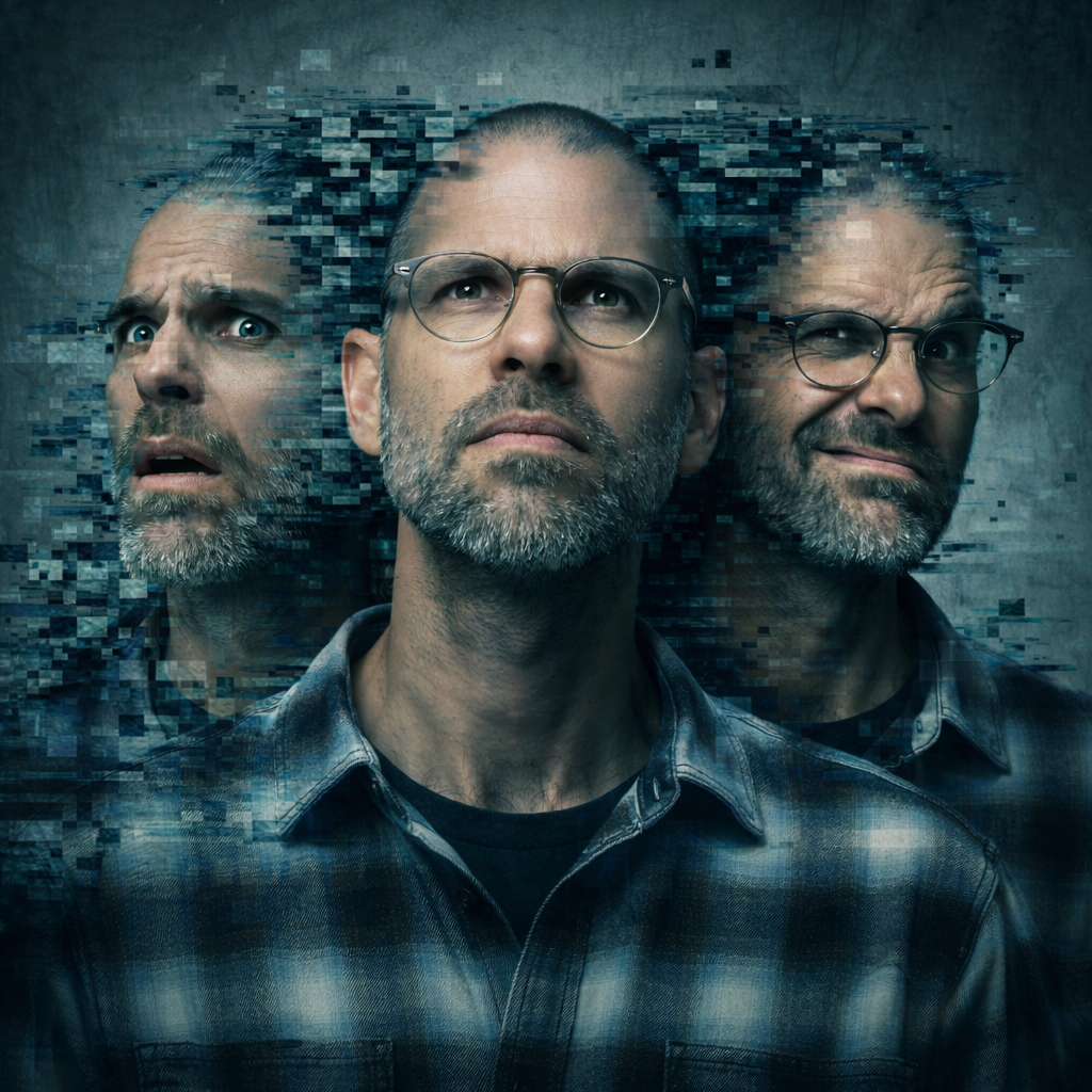 Portrait of a man with duplicated, fragmented versions of his face, creating a layered, distorted visual effect.